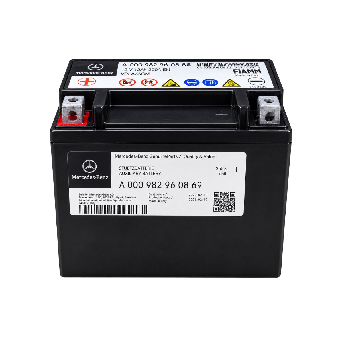 Mercedes-Benz Auxiliary Battery A0009829608 – 12V 12Ah AGM Backup Battery (C-Class W204, CLA, CLS, E-Class, S-Class, GLE) — view 1 of 3 | Torqon Auto Parts